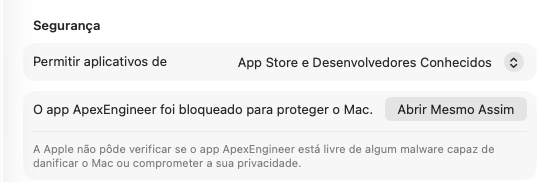 Ajustes do Sistema mostrando o aviso 'O app ApexEngineer foi bloqueado' com o botão Abrir Mesmo Assim